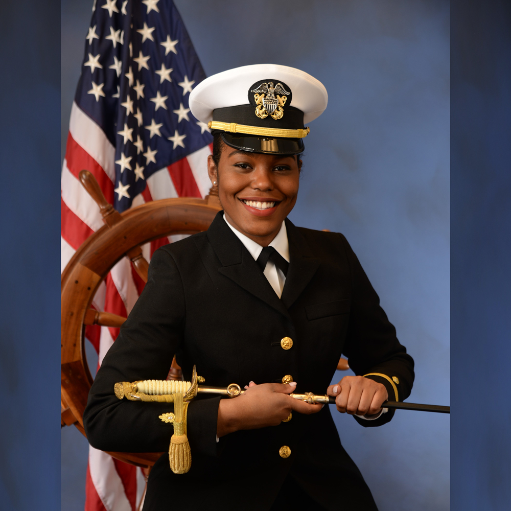 photo of naval lieutenant Sierran Grigsby in dress blues