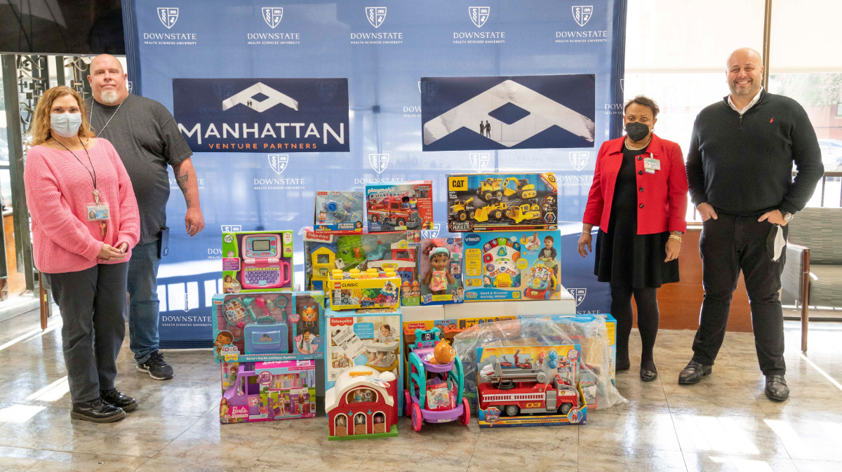 group photo with toys