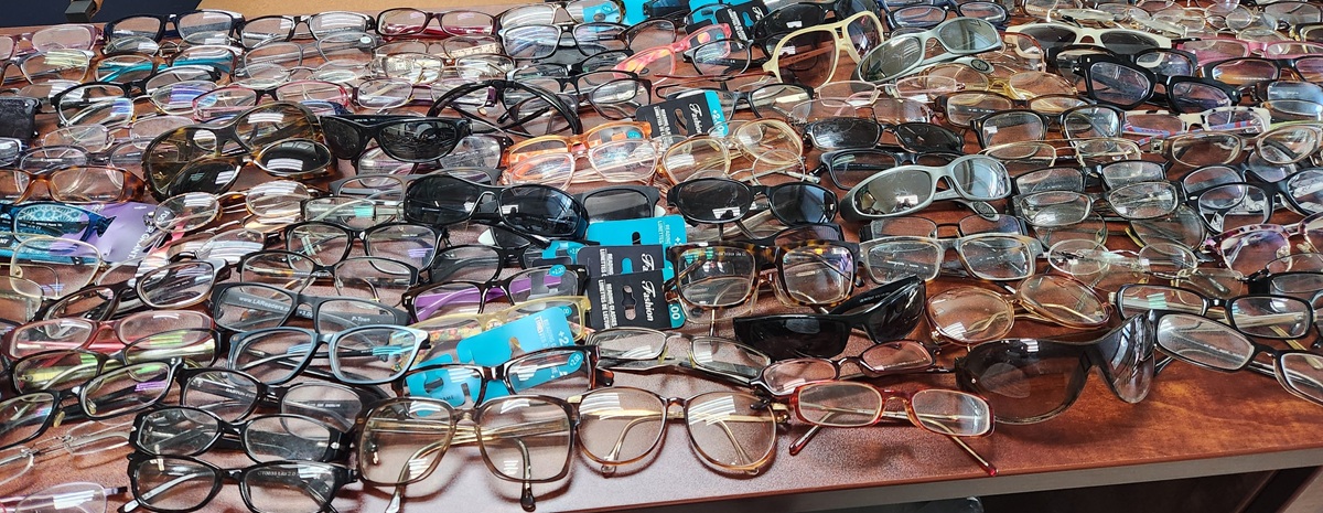 photo of donated eyeglasses on a table