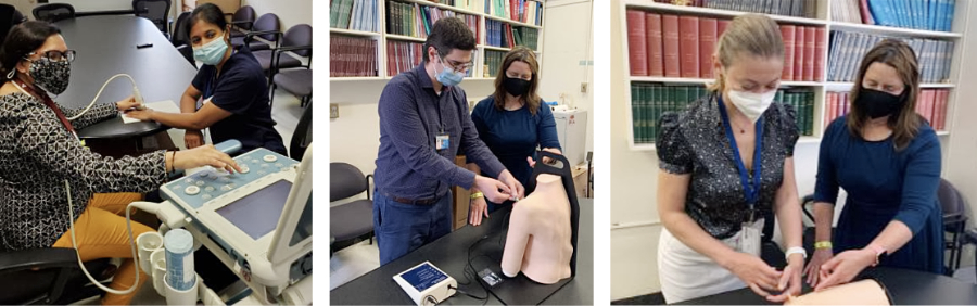 3 photos of student working in masks