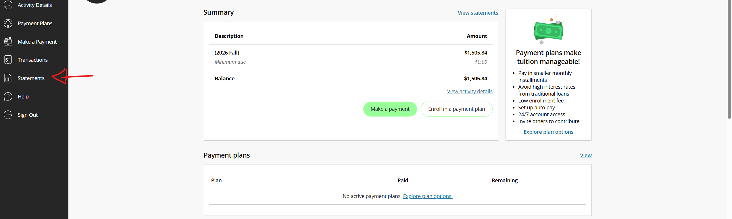Statements Bursar page screenshot