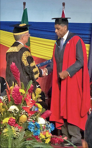 SUNY Chairman McCall receives his 10th honorary doctoral degree in his career from The UWI Chancellor Bermudez.  