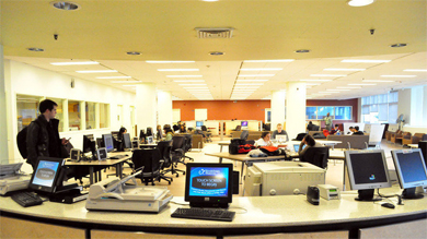research desks in a library